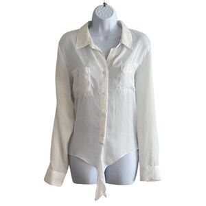 Ellen Tracy Women's White Button-Up Shirt Size L Long Sleeve Casual